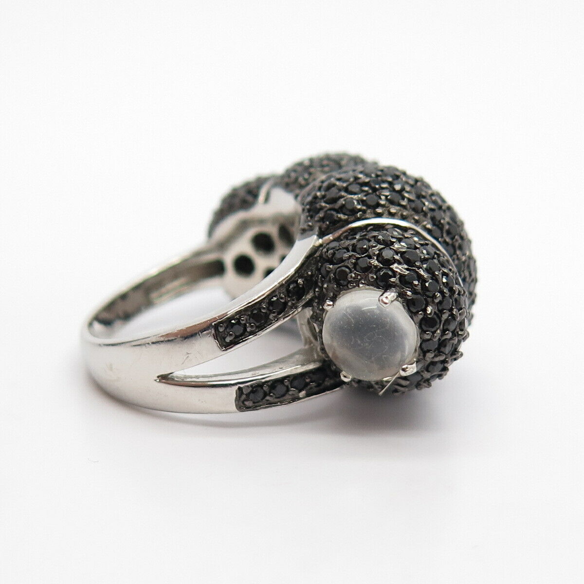 925 Sterling Silver Real Melanite & Moonstone Gem Domed Ring Size 6