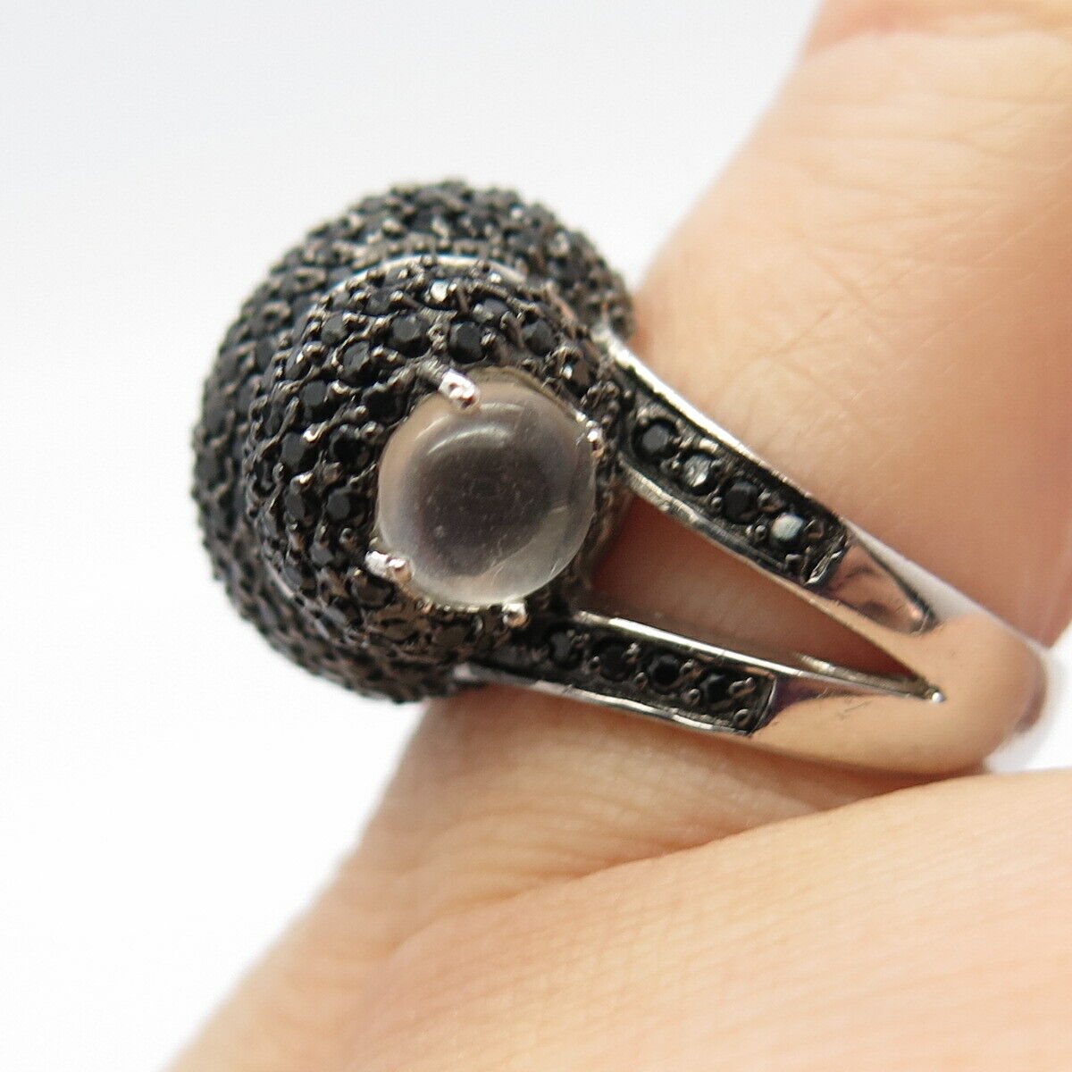 925 Sterling Silver Real Melanite & Moonstone Gem Domed Ring Size 6