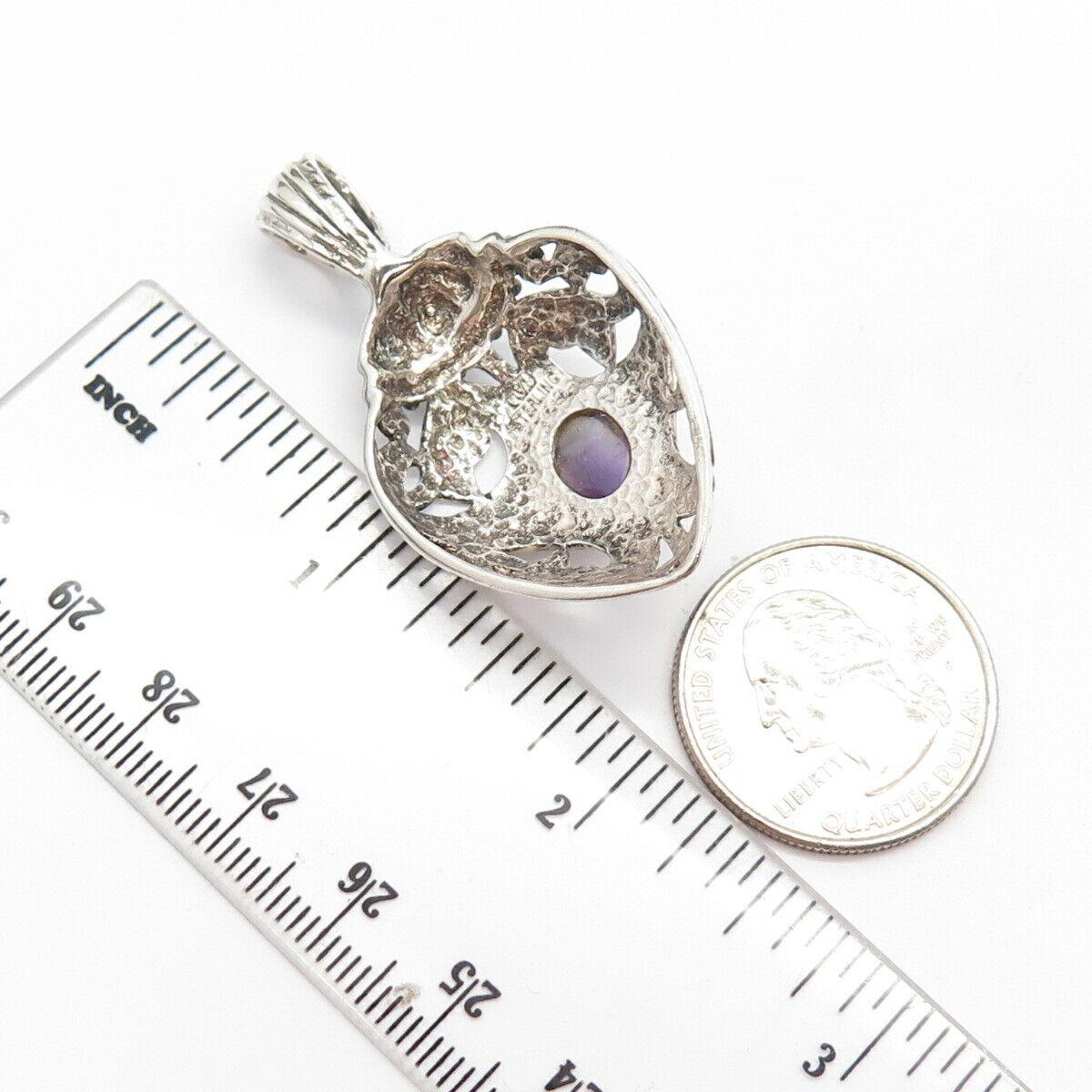 925 Sterling Silver Vintage Real Amethyst Gemstone Heart Pendant