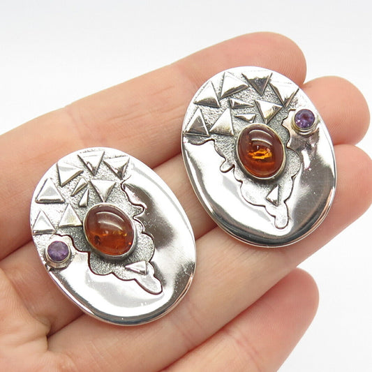 925 Sterling Silver Vintage Real Amethyst Gem & Amber Oval Earrings