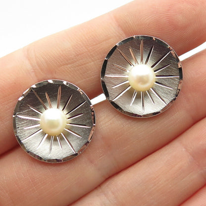 925 Sterling Silver Vintage Real Pearl Floral Cufflinks