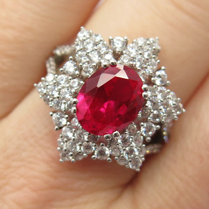 925 Sterling Silver Lab-Created Ruby & C Z Ring Size 7 3/4