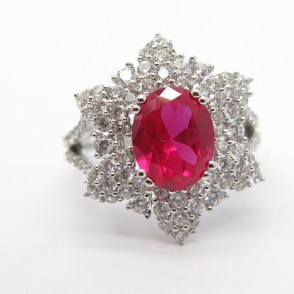 925 Sterling Silver Lab-Created Ruby & C Z Ring Size 7 3/4