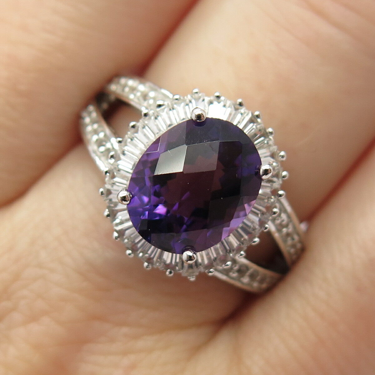 925 Sterling Silver Real Amethyst & White Topaz Gemstone Ring