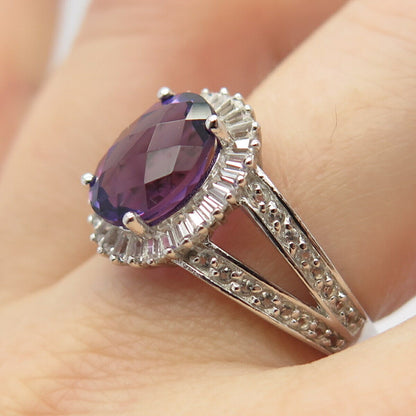 925 Sterling Silver Real Amethyst & White Topaz Gemstone Ring