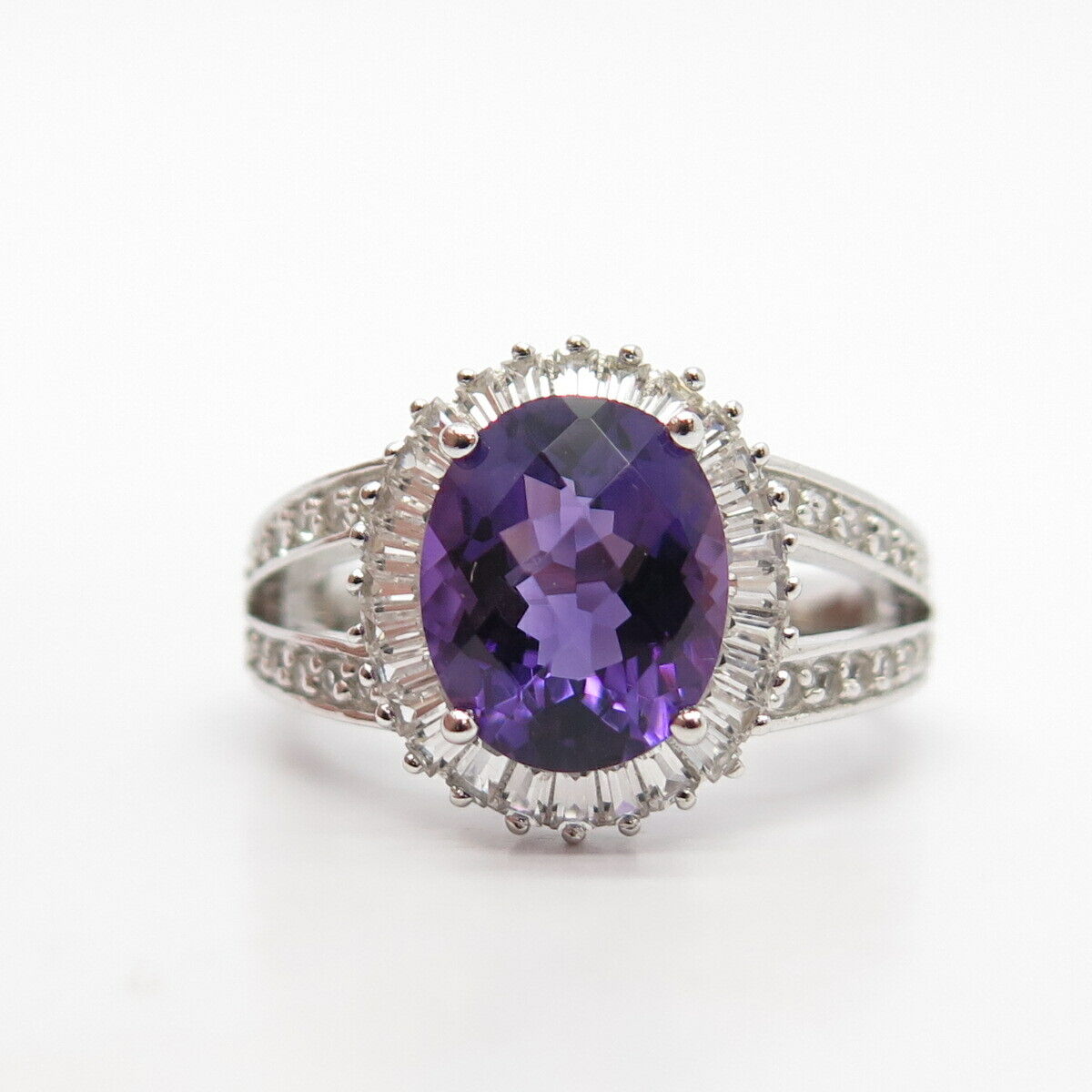 925 Sterling Silver Real Amethyst & White Topaz Gemstone Ring