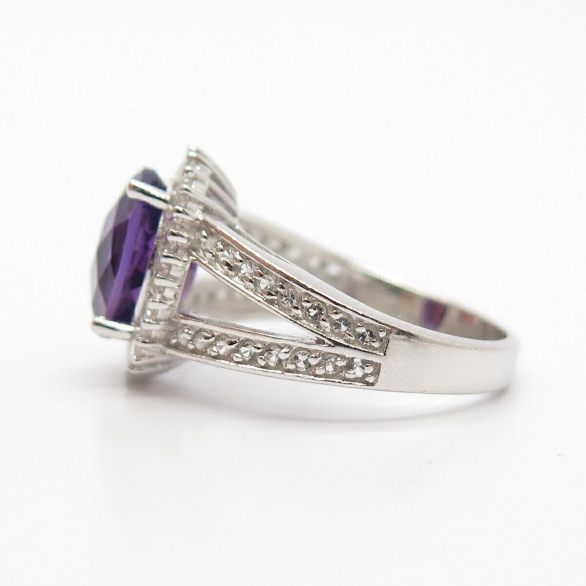 925 Sterling Silver Real Amethyst & White Topaz Gemstone Ring