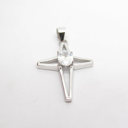 925 Sterling Silver Oval-Cut C Z Cross Religious Pendant