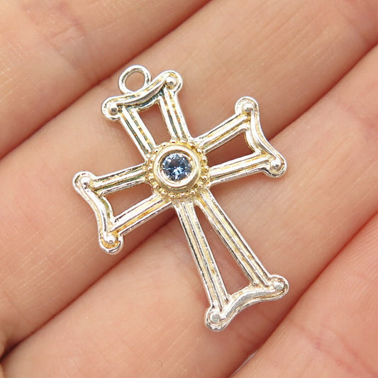 925 Sterling Silver Vintage Blue Topaz-Tone C Z Cross Pendant