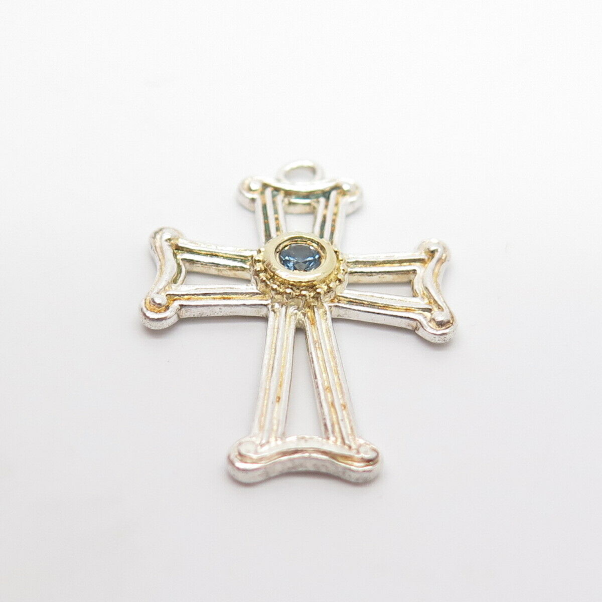 925 Sterling Silver Vintage Blue Topaz-Tone C Z Cross Pendant