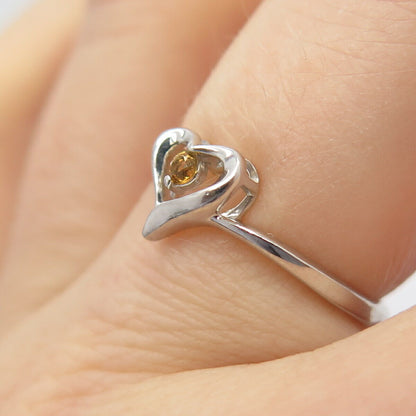 925 Sterling Silver Citrine Gemstone Open Heart Ring Size 6 3/4