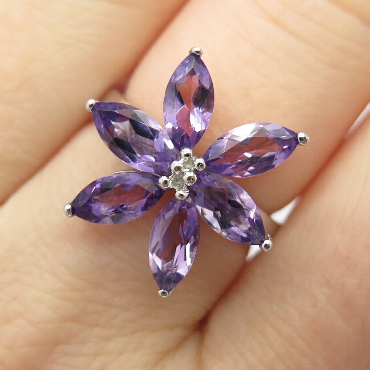 925 Sterling Silver Real Amethyst Gemstone Floral Ring Size 7