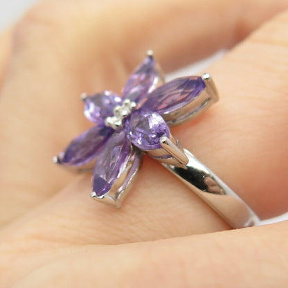 925 Sterling Silver Real Amethyst Gemstone Floral Ring Size 7