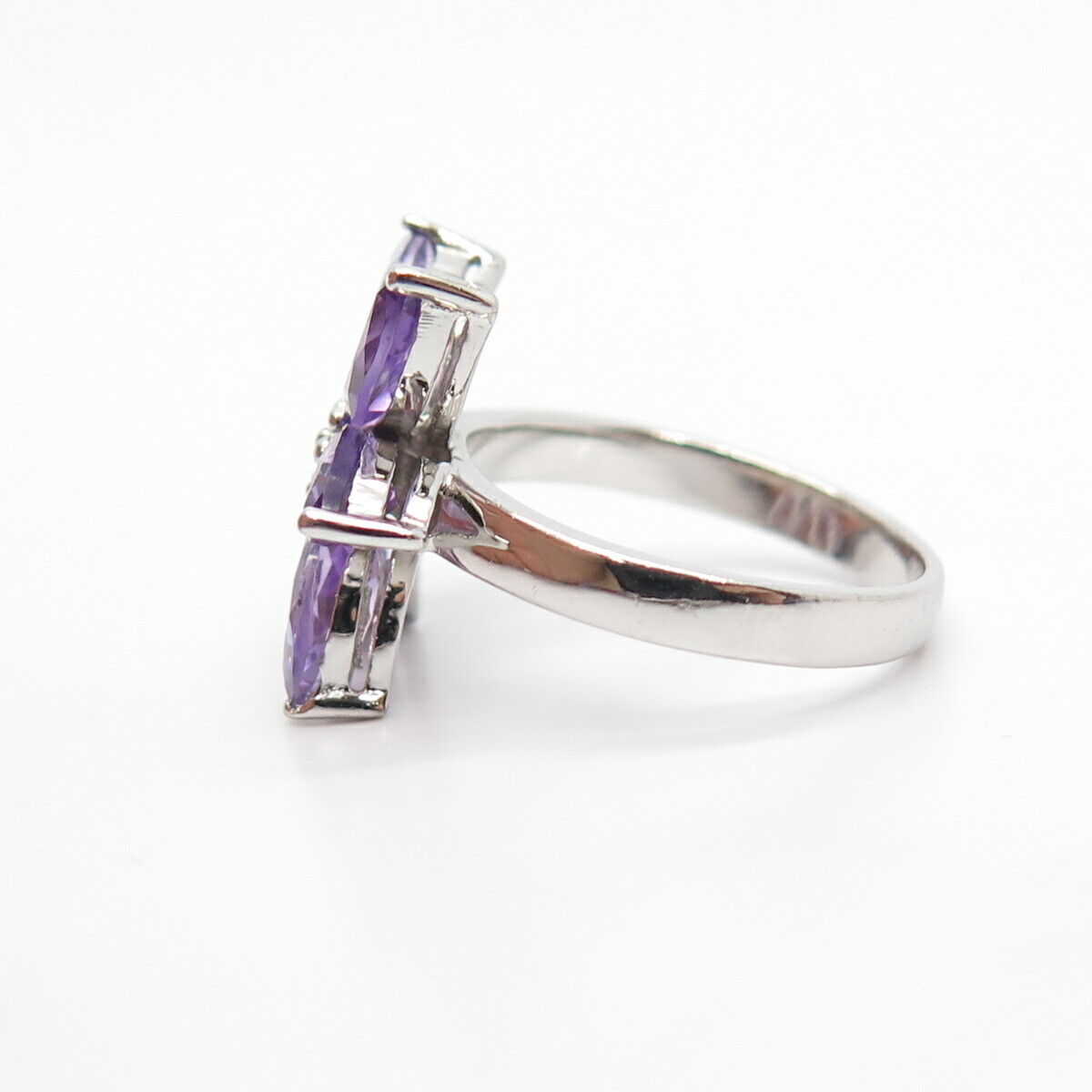 925 Sterling Silver Real Amethyst Gemstone Floral Ring Size 7