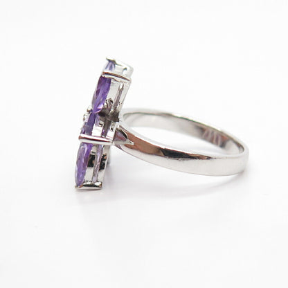 925 Sterling Silver Real Amethyst Gemstone Floral Ring Size 7