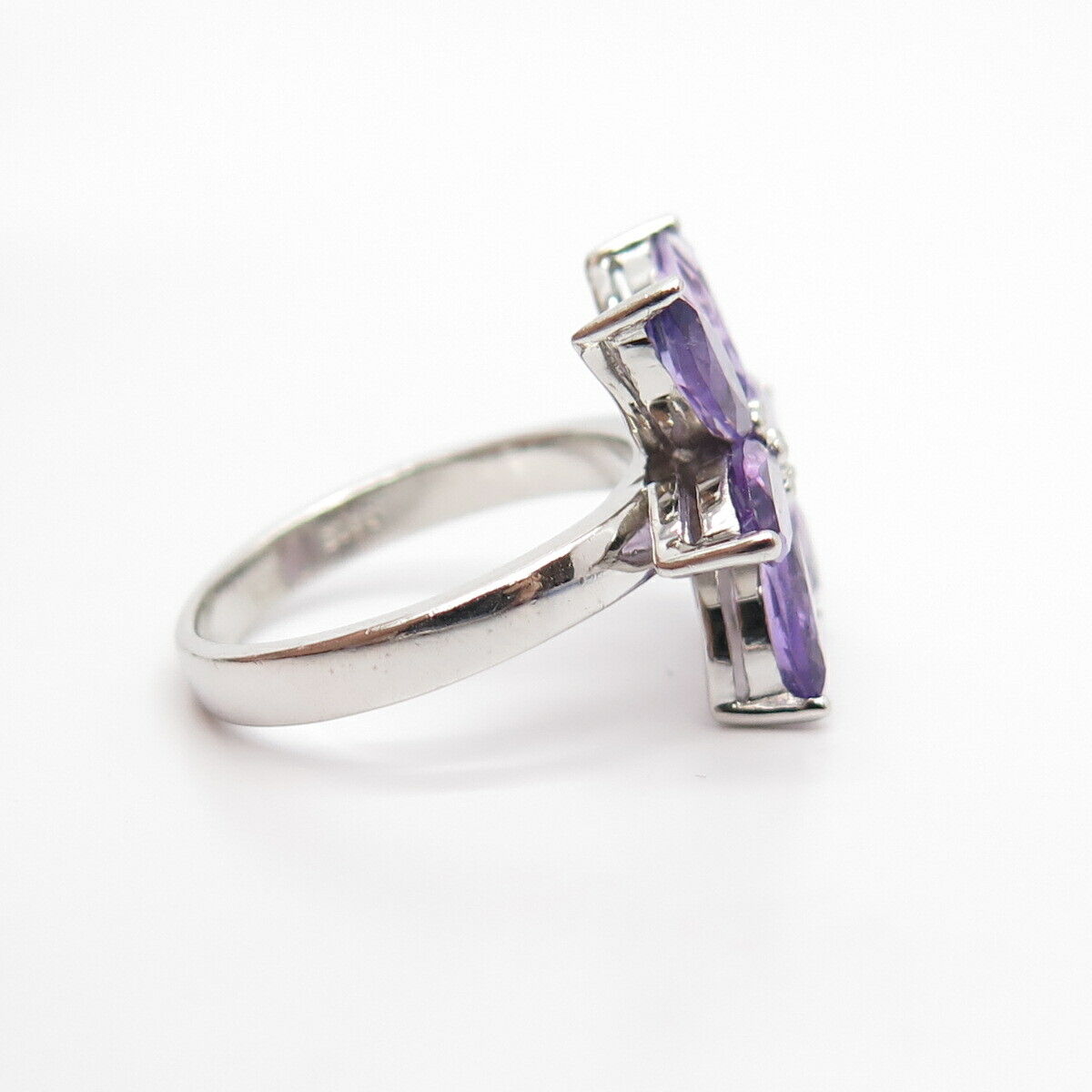 925 Sterling Silver Real Amethyst Gemstone Floral Ring Size 7