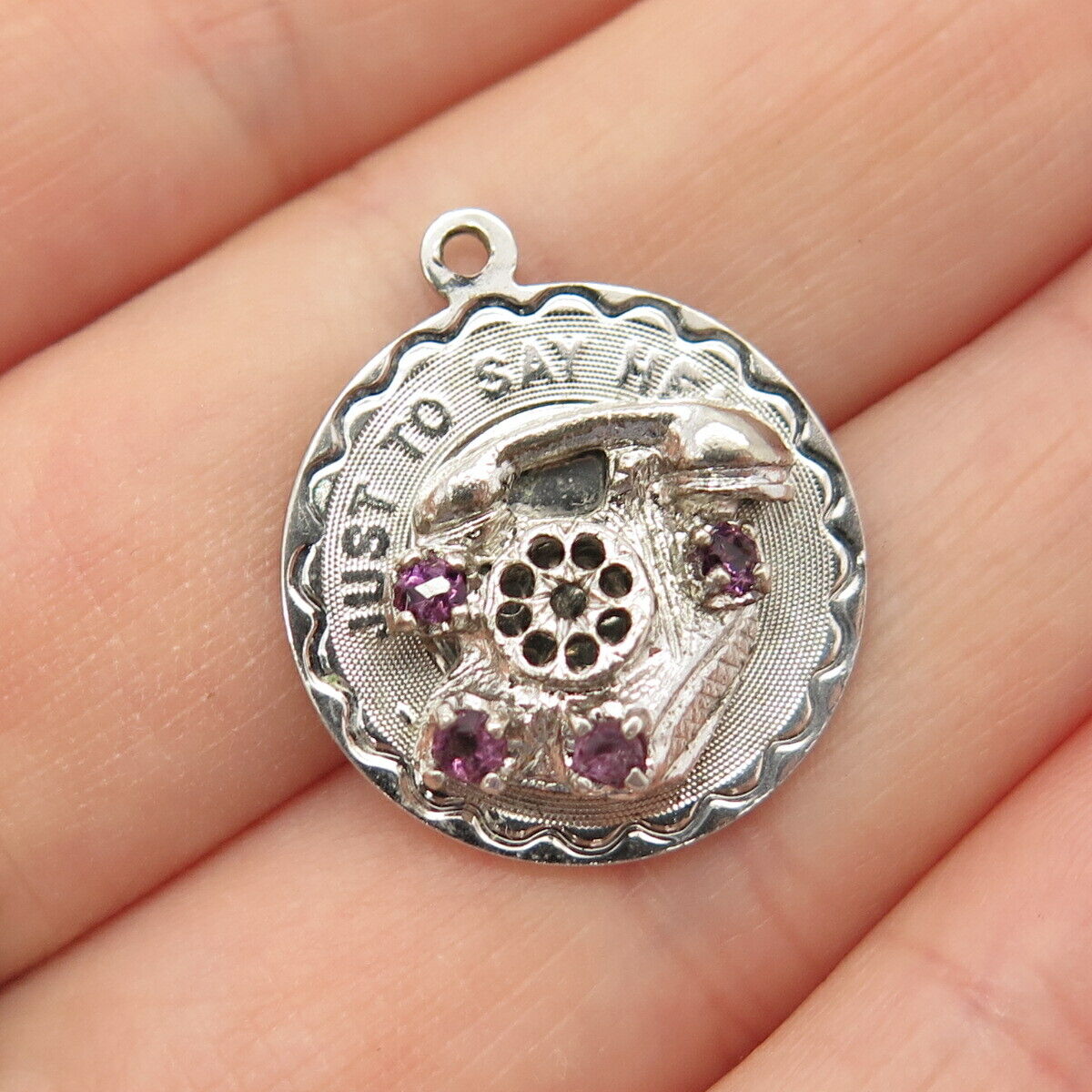 925 Sterling Silver Antique Spencer Real Amethyst Gem Retro Rotary Phone Pendant