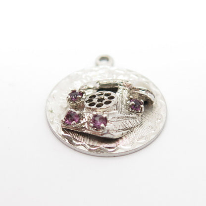 925 Sterling Silver Antique Spencer Real Amethyst Gem Retro Rotary Phone Pendant