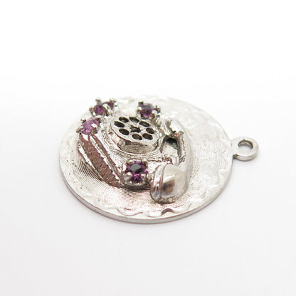 925 Sterling Silver Antique Spencer Real Amethyst Gem Retro Rotary Phone Pendant