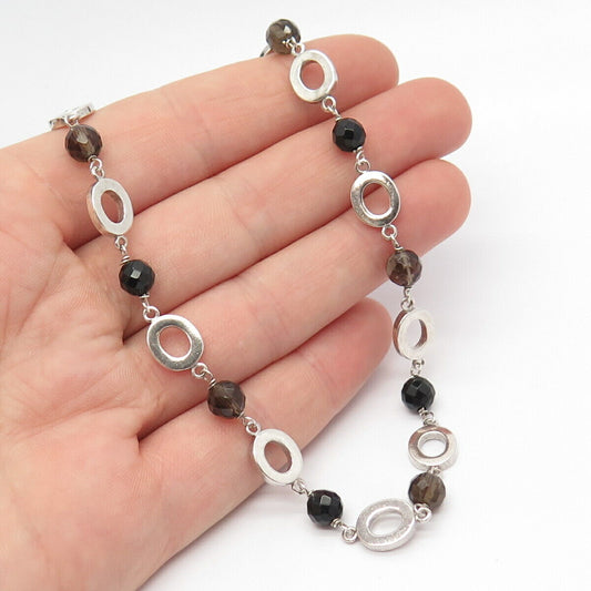 925 Sterling Silver Vintage Melanite & Smoky Quartz Gem Oval Chain Necklace 18"