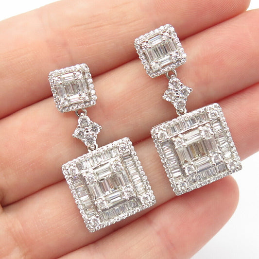 925 Sterling Silver Pave C Z Square Dangling Earrings