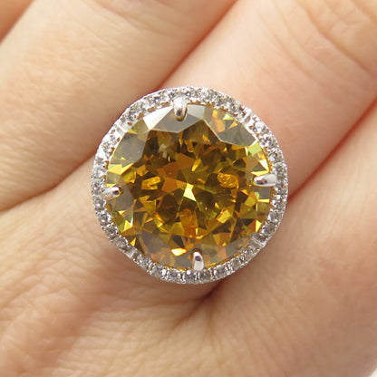 925 Sterling Silver White & Citrine-Tone C Z Round Ring Size 7