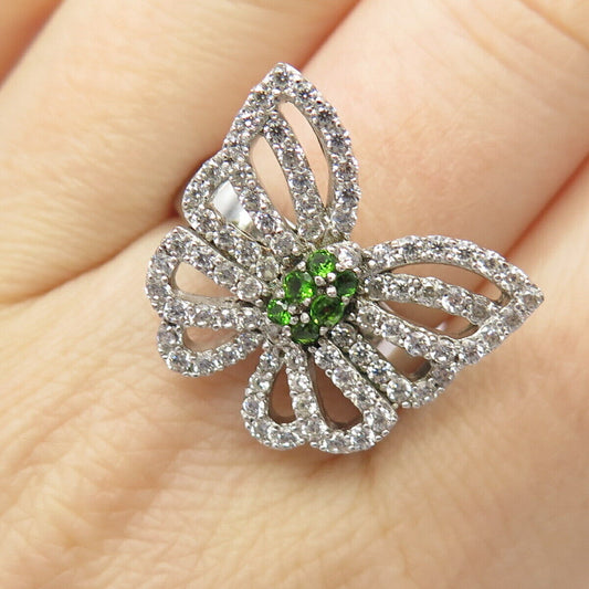 925 Sterling Silver White & Diopside-Tone C Z Butterfly Ring Size 7 3/4