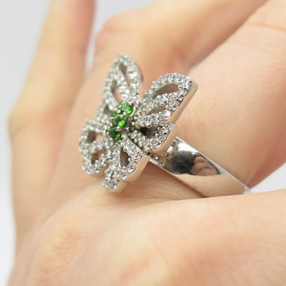 925 Sterling Silver White & Diopside-Tone C Z Butterfly Ring Size 7 3/4