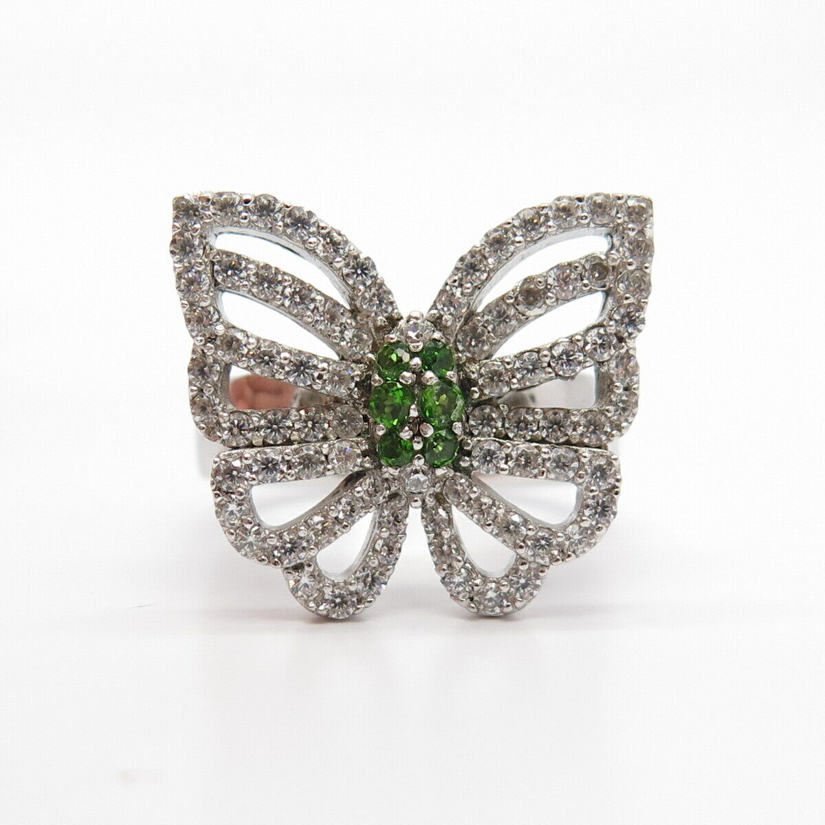 925 Sterling Silver White & Diopside-Tone C Z Butterfly Ring Size 7 3/4