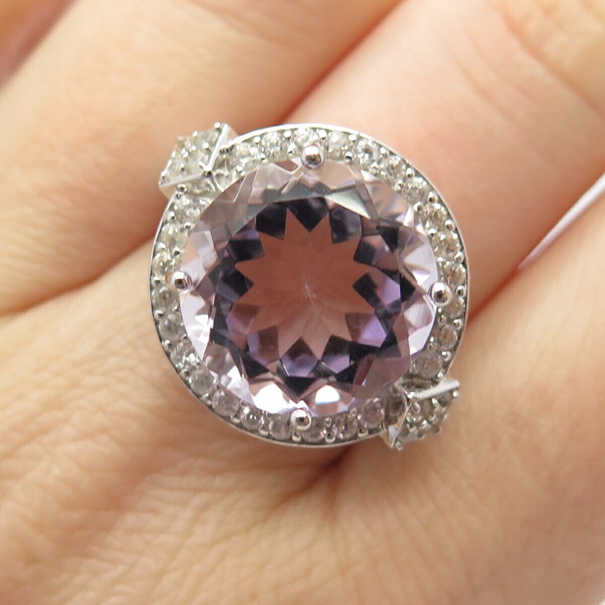 925 Sterling Silver Real White Topaz & Amethyst Gemstone Ring Size 7