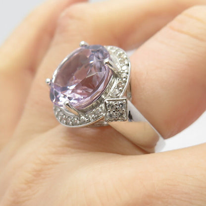 925 Sterling Silver Real White Topaz & Amethyst Gemstone Ring Size 7