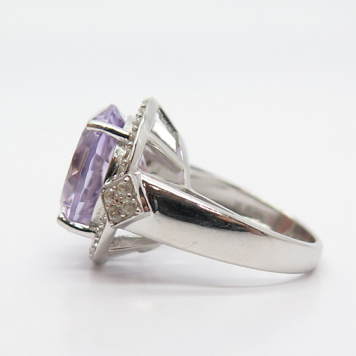 925 Sterling Silver Real White Topaz & Amethyst Gemstone Ring Size 7