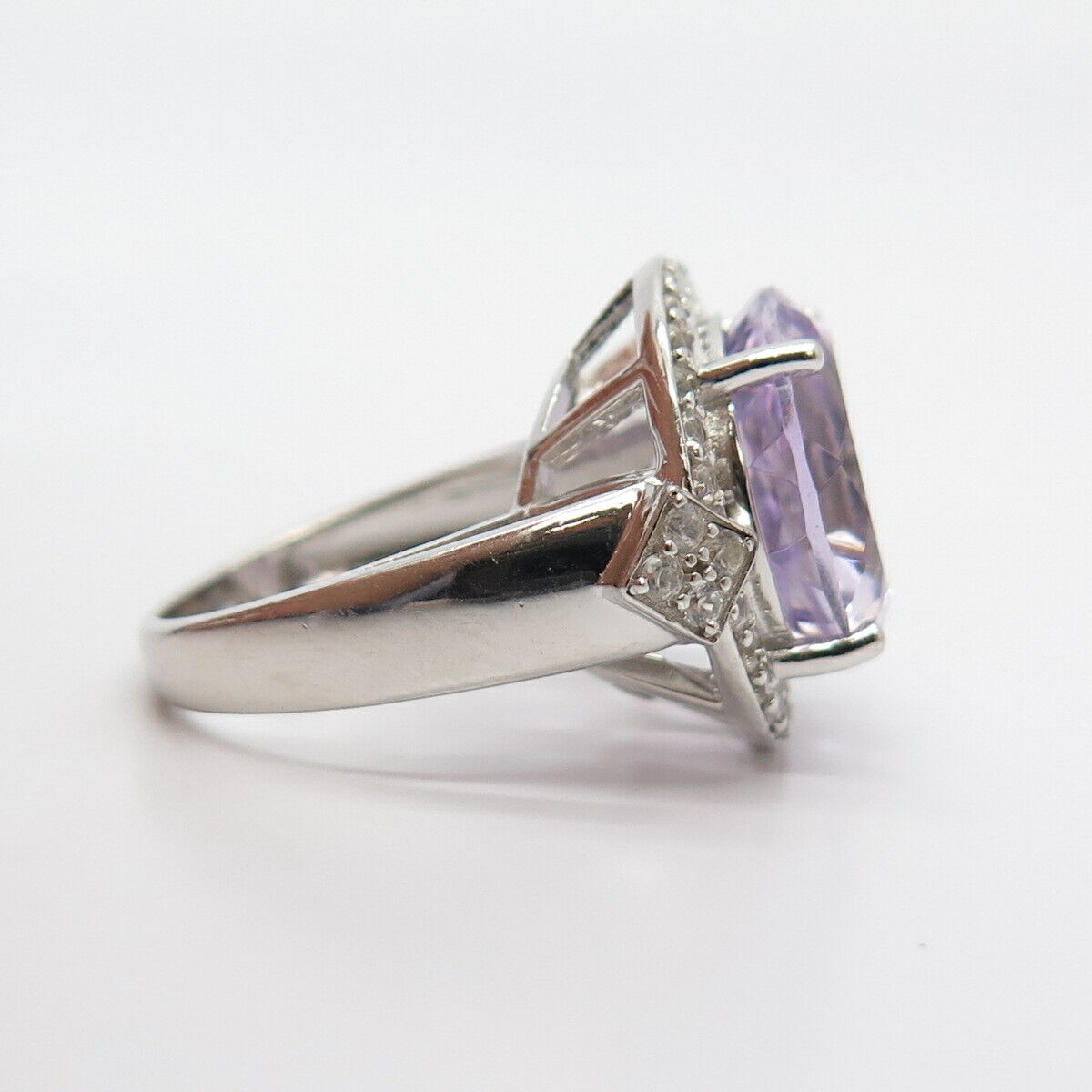 925 Sterling Silver Real White Topaz & Amethyst Gemstone Ring Size 7