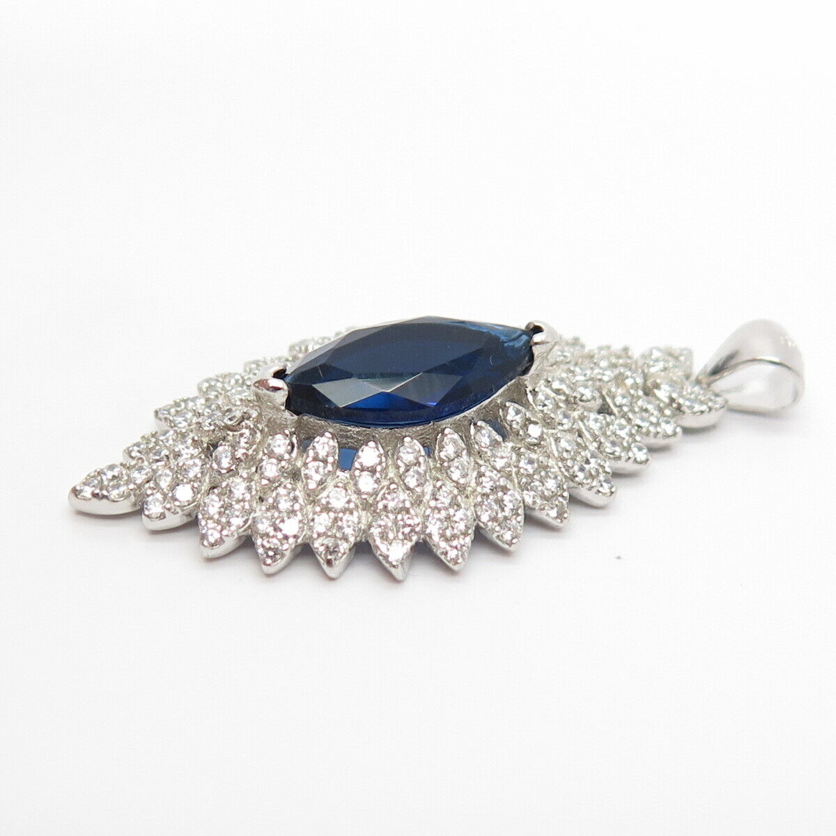 925 Sterling Silver White & Blue C Z Oval Pendant