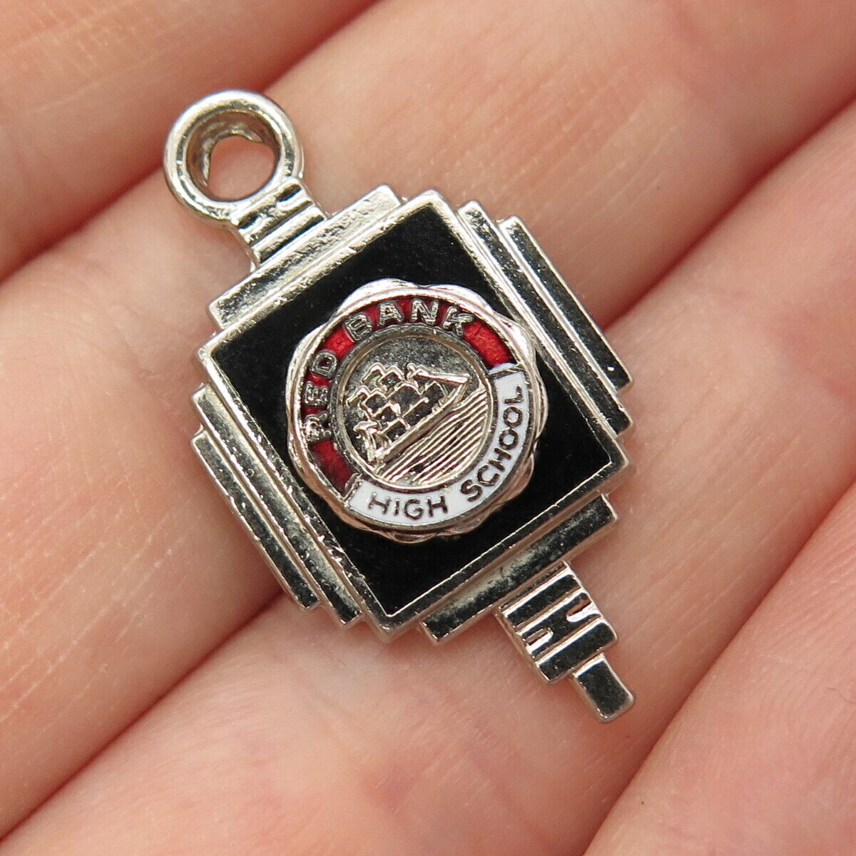 925 Sterling Silver Vintage Kinney Black Onyx Gem & Enamel "Red Bank" Pendant