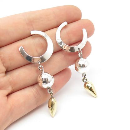 925 Sterling Silver 2-Tone Vintage Crescent Moon Dangling Earrings