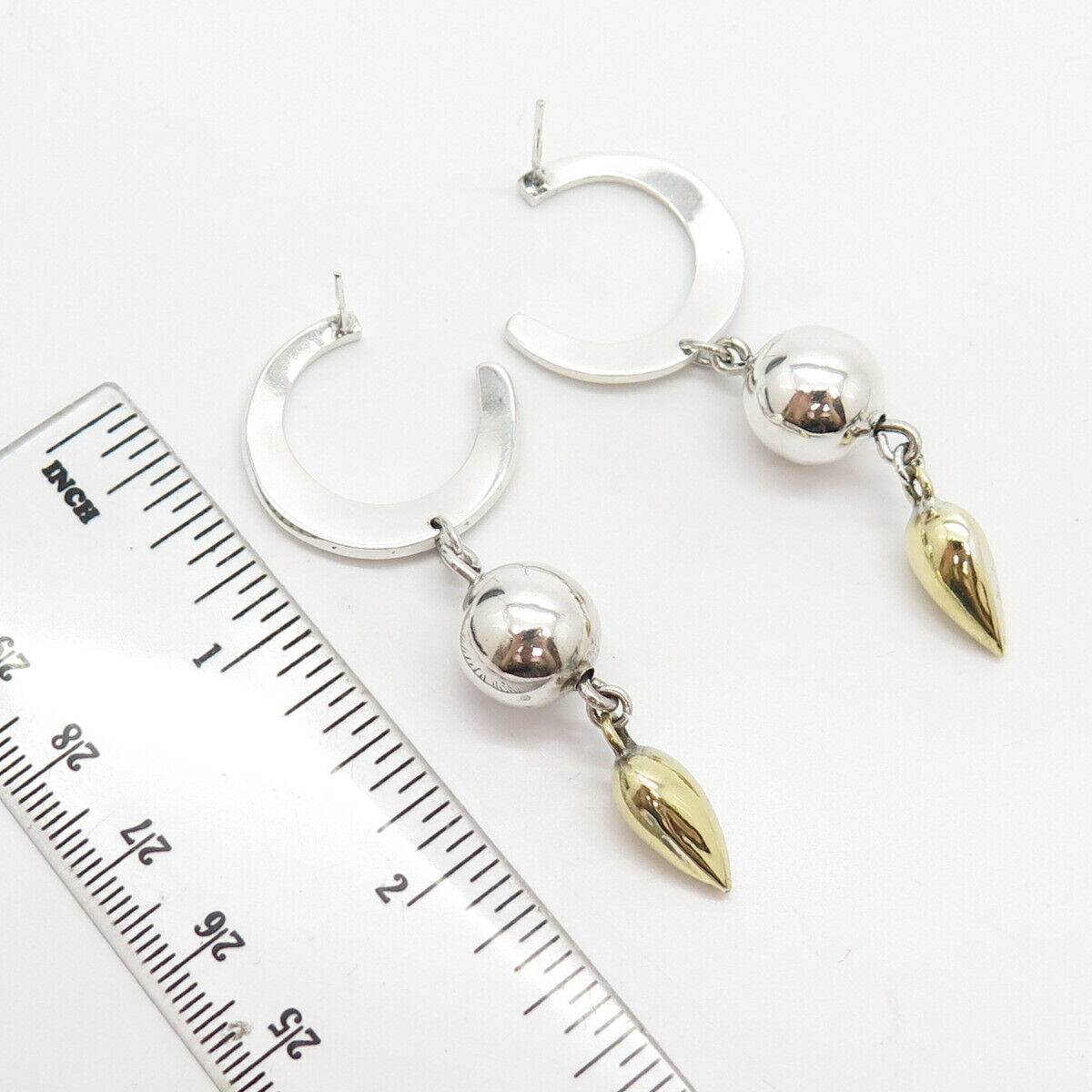 925 Sterling Silver 2-Tone Vintage Crescent Moon Dangling Earrings