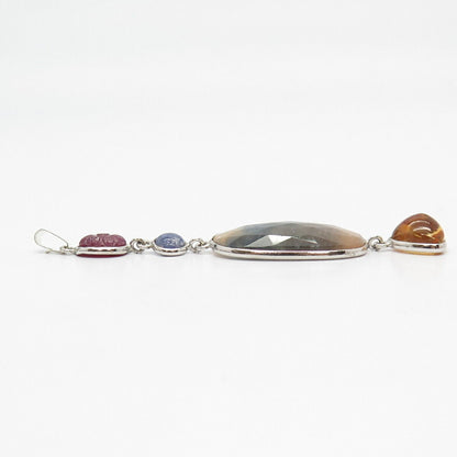 925 Sterling Silver Real Ruby Citrine & Sapphire Gem Dangling Pendant