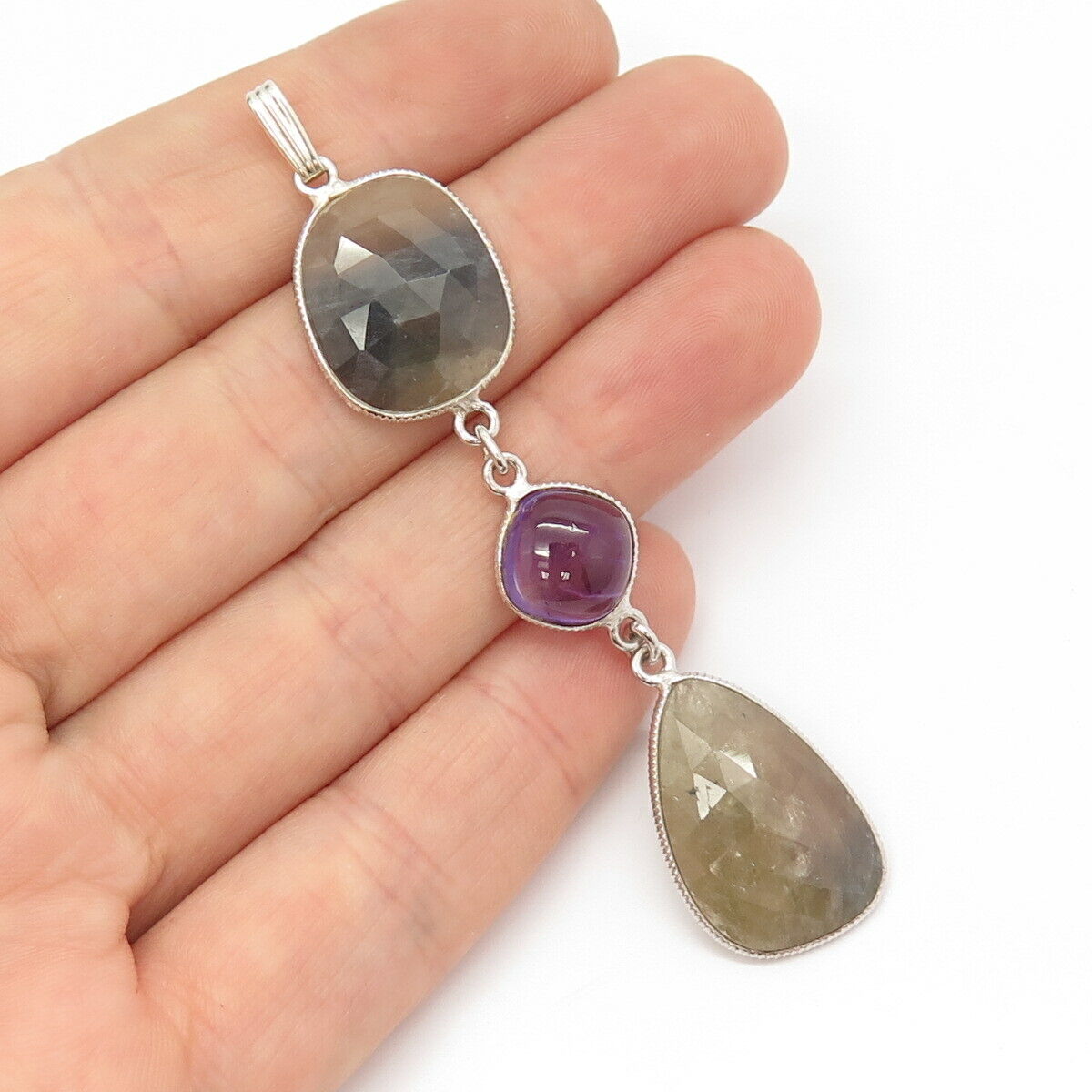 925 Sterling Silver Real Amethyst & Sapphire Gem Dangling Pendant