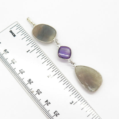 925 Sterling Silver Real Amethyst & Sapphire Gem Dangling Pendant