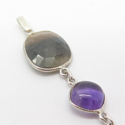 925 Sterling Silver Real Amethyst & Sapphire Gem Dangling Pendant