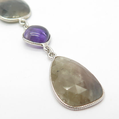 925 Sterling Silver Real Amethyst & Sapphire Gem Dangling Pendant