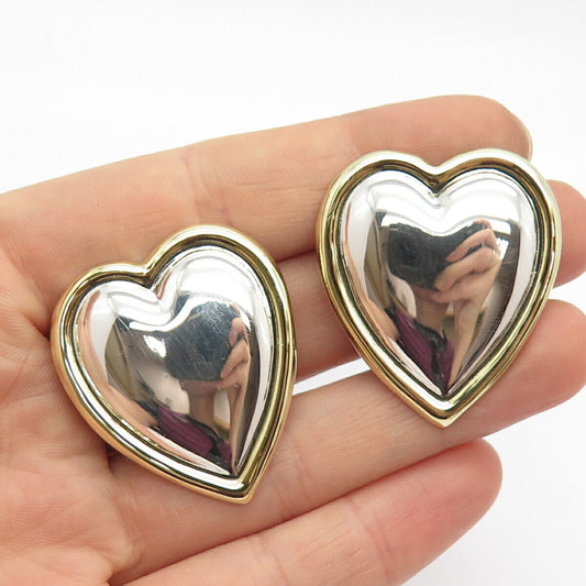 925 Sterling Silver 2-Tone Vintage Mexico Heart Clip On Earrings