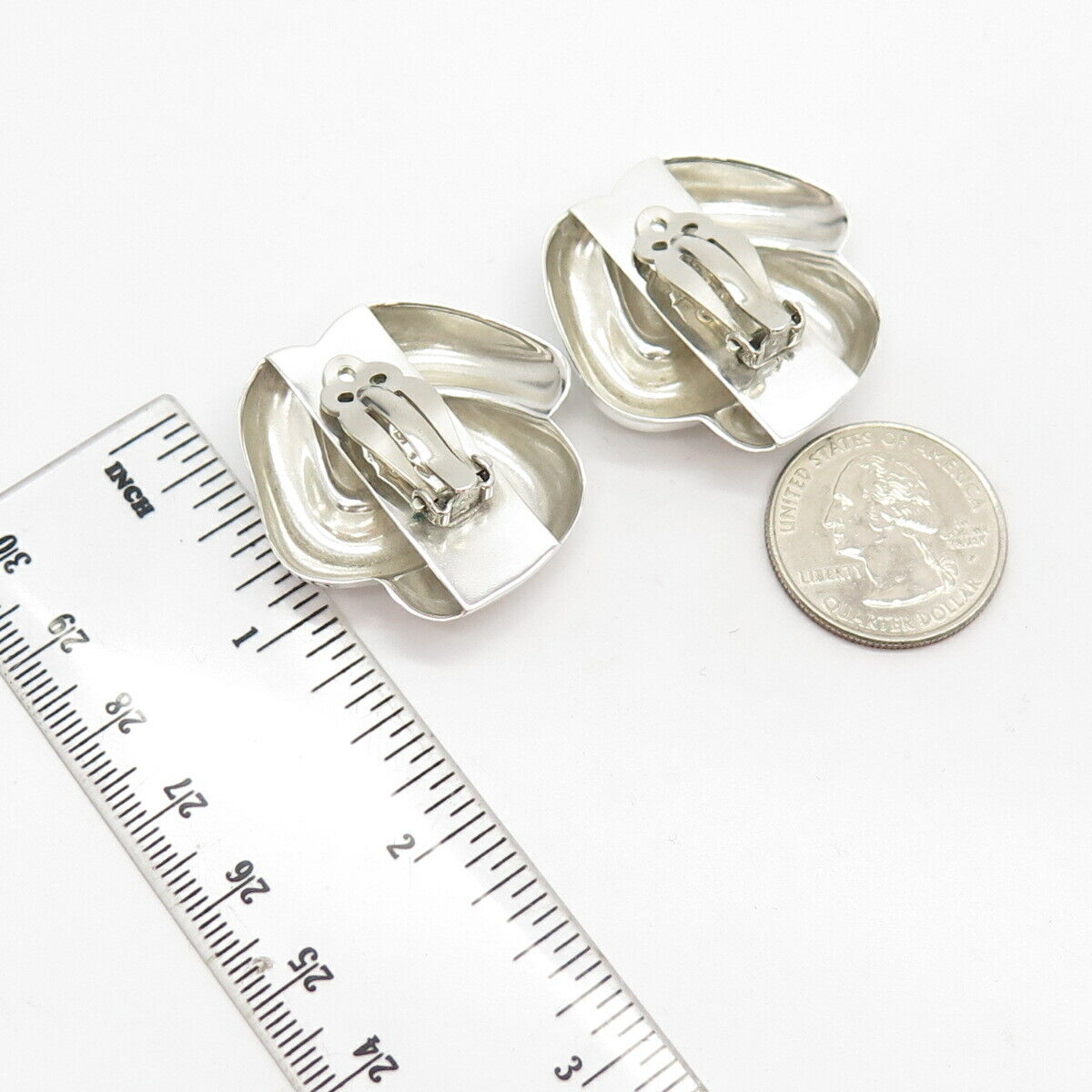 925 Sterling Silver Vintage Mexico Ribbed Modernist Clip On Earrings