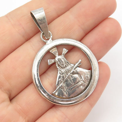 925 Sterling Silver Vintage Jesus Cross Religious Round Pendant