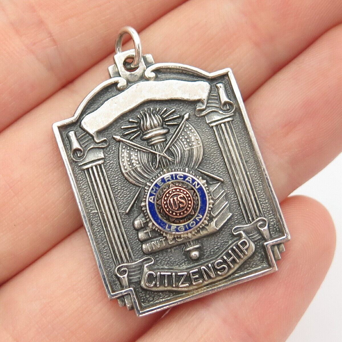 925 Sterling Silver Antique Enamel "American US Legion Citizenship" Pendant