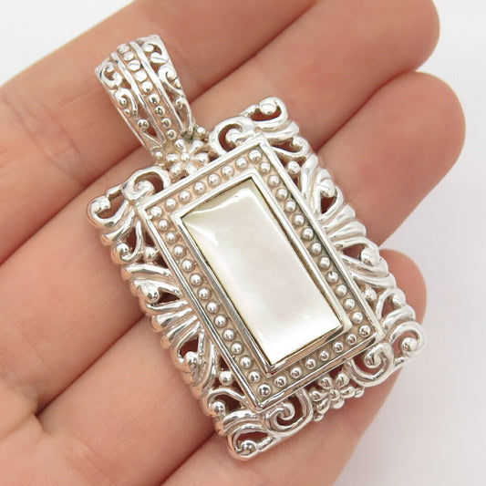 925 Sterling Silver Vintage Real Mother-of-Pearl Ornate Pendant