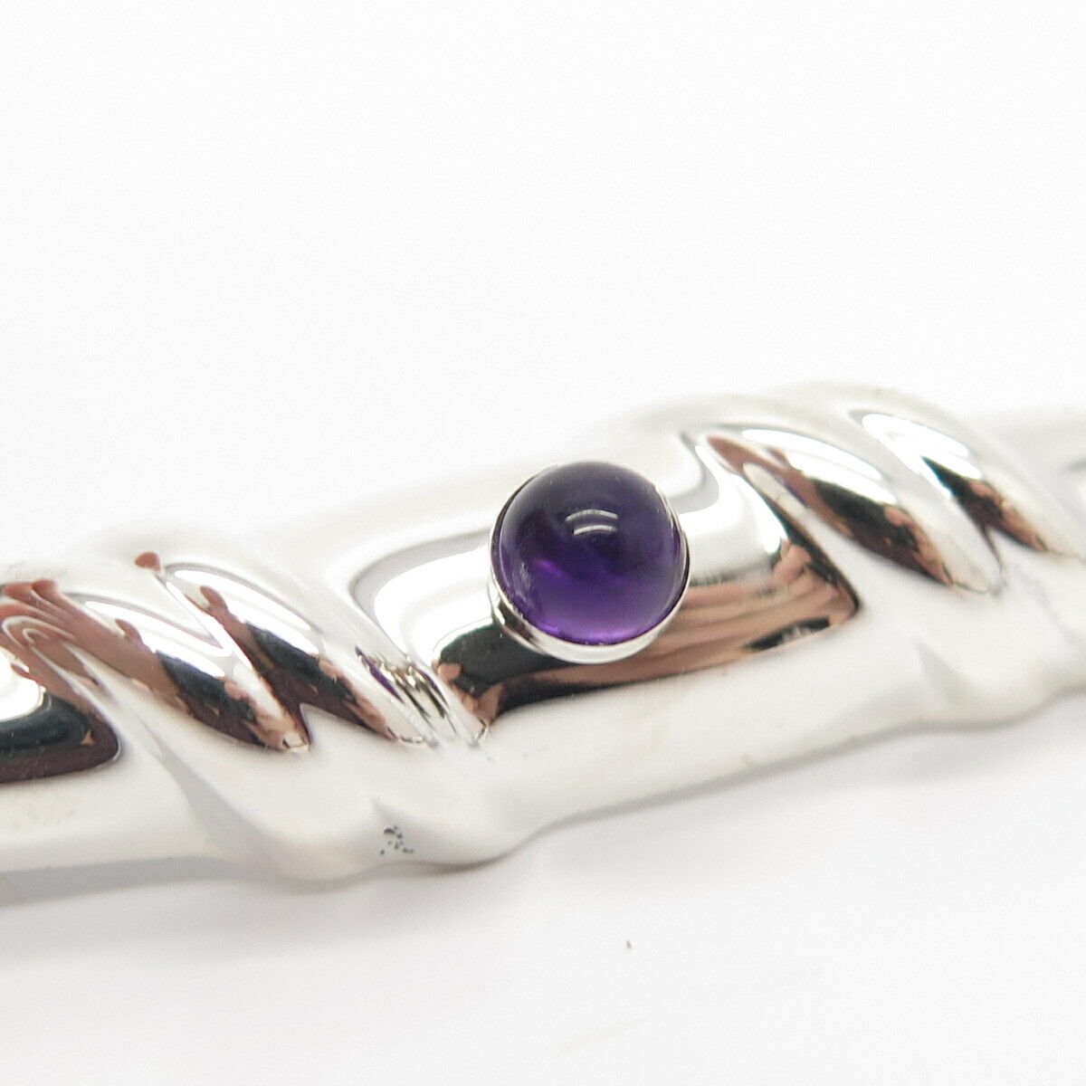 925 Sterling Silver Vintage Real Amethyst Gem Scroll Pin Brooch