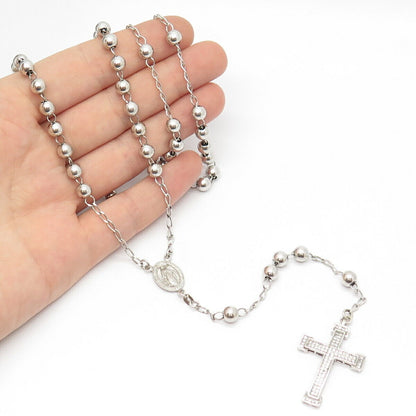 925 Sterling Silver Vintage C Z Cross & St. Mary Pendant Ball Chain Necklace 27"