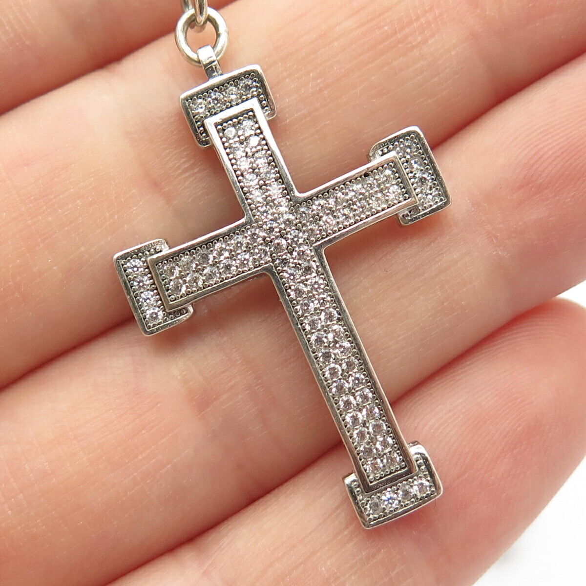 925 Sterling Silver Vintage C Z Cross & St. Mary Pendant Ball Chain Necklace 27"